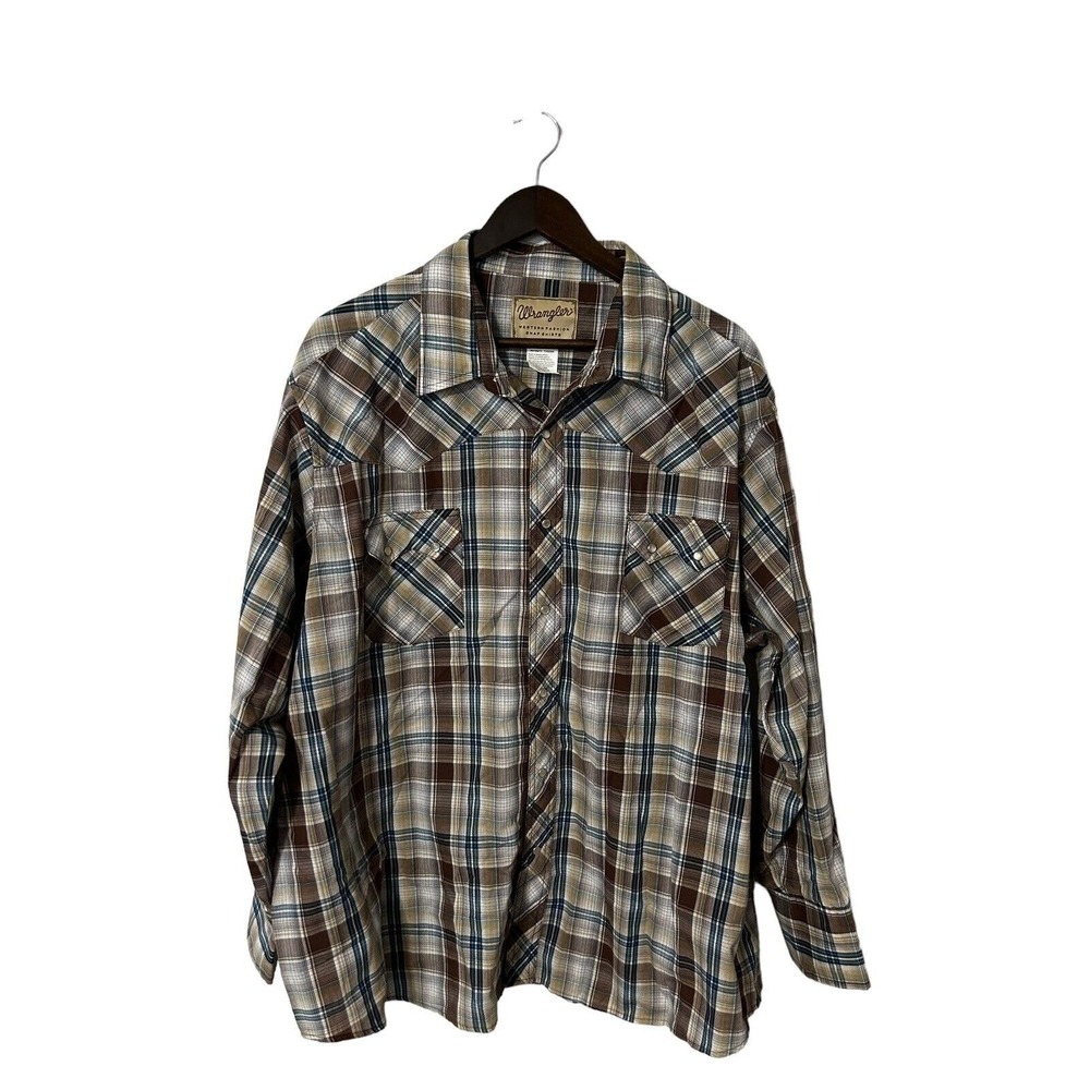 Wrangler mens size 3XL brown plaid pearl snap button front shirt western
